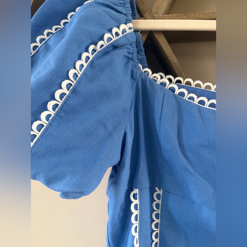 Altar'd State Blue Puff Sleeve Mini Dress with White Trim - Picture 5 of 8